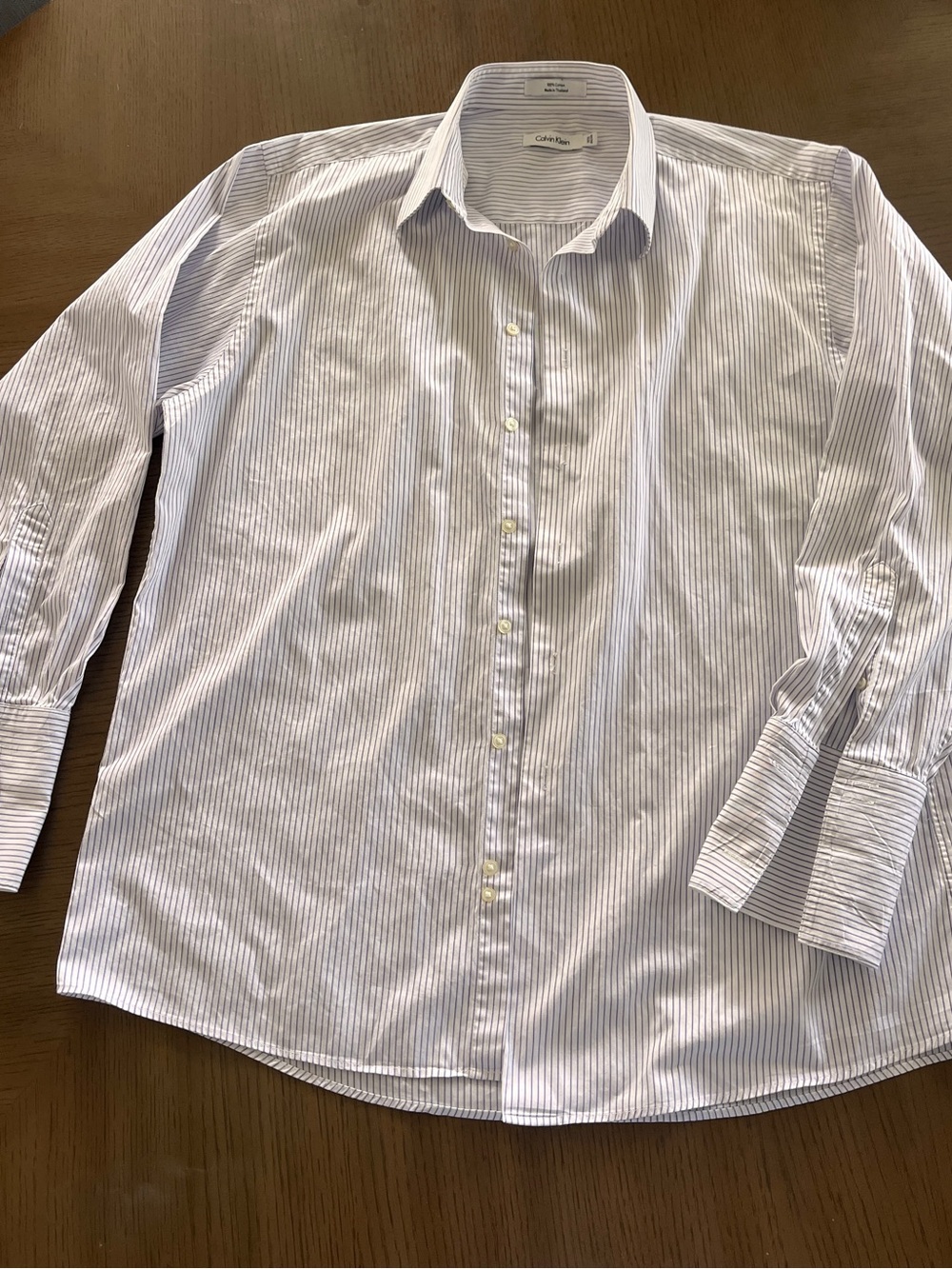 Calvin Klein Men's White Shirt with Light Blue Pinstripes